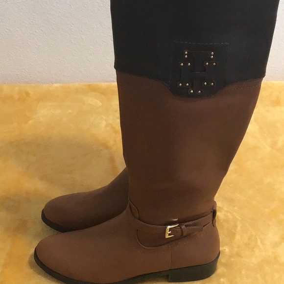 EUC. TOMMY HILFIGER Buckle Faux Leather Two-Tone Tall Riding Boots Side Zipper - Picture 5 of 16
